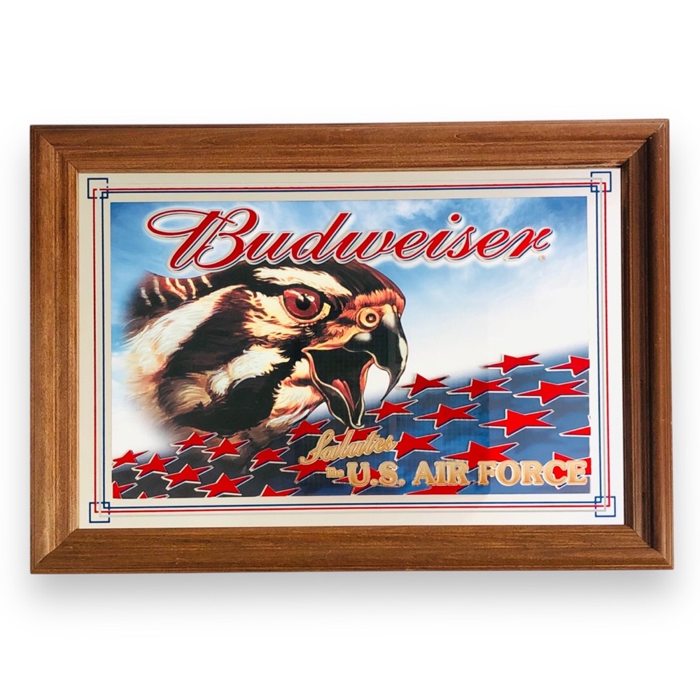 VTG 2002 Budweiser Beer Salutes U.S. Air Force Mirror Bar Sign 28x20” Wood Frame